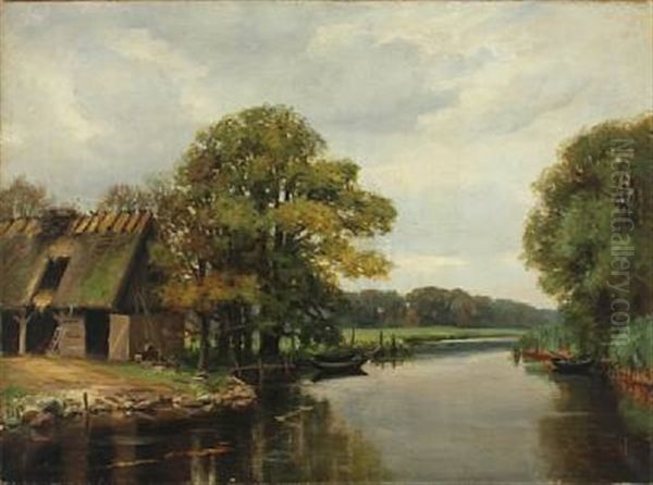 A Thatched Farm On The Riverbank Oil Painting by Rudolf Bissen