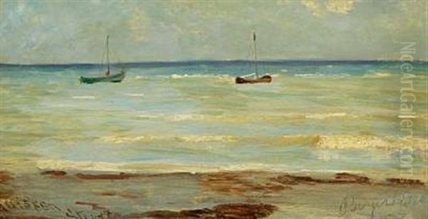 Coastal Scenery With Smaller Boats At Anchor At Bogeskov Beach Oil Painting by Rudolf Bissen