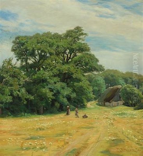 Danish Summer Landscape With Playing Children At A Thatched Barn Oil Painting by Rudolf Bissen