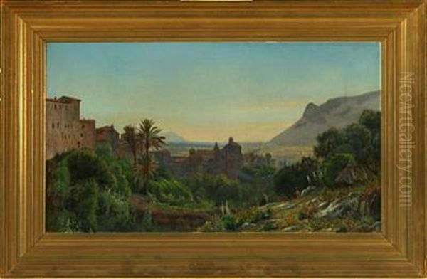 View Of Terracina, Italy, With People On A Sunny Hillside Oil Painting by Rudolf Bissen