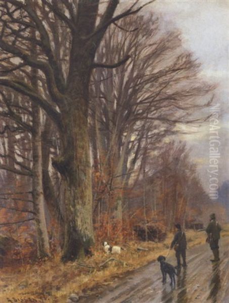 Jaegere Med Deres Hunde Pa En Landevej, Esrom Oil Painting by Rudolf Bissen