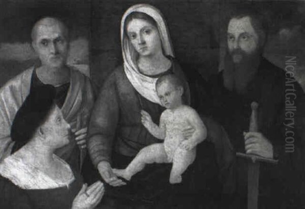 The Holy Family Accompanied By St, Paul And A Donor Oil Painting by Pier Francesco Bissolo