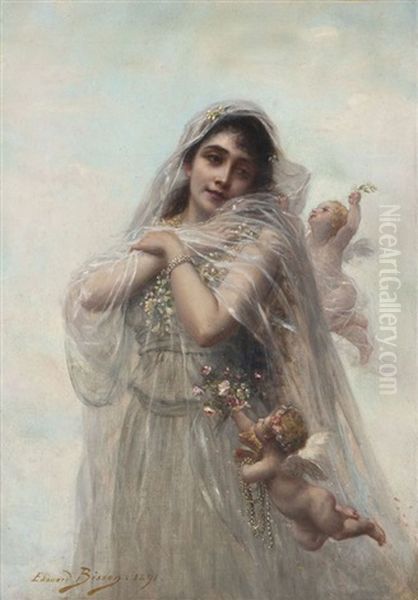 Portrait De Jeune Femme Et Angelots Oil Painting by Edouard Bisson