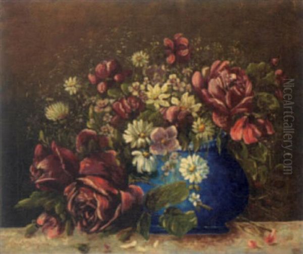 Roses, Daisies And Other Summer Flowers In A Blue Vase Oil Painting by Edouard Bisson