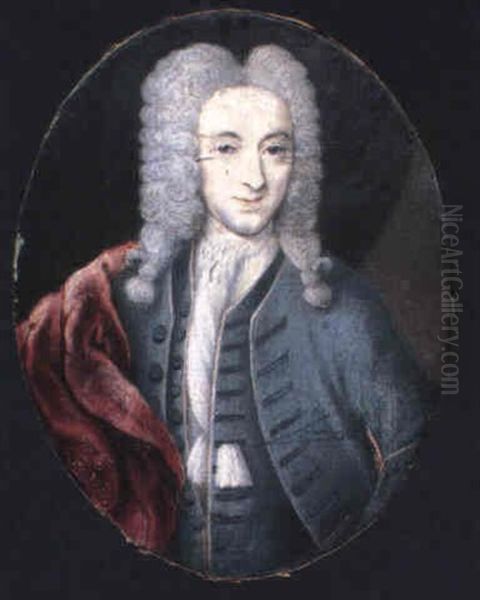 A Fine Portrait Of A Gentleman, With Red Cloak Over His     Shoulder, Wearing Pink Edged Grey Coat Oil Painting by Jacques Bisson