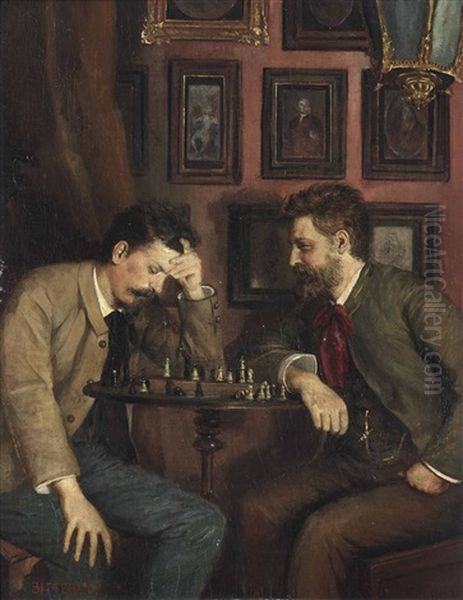 A Game Of Chess, Thought To Be The Brothers Bitterlich Oil Painting by Eduard Bitterlich