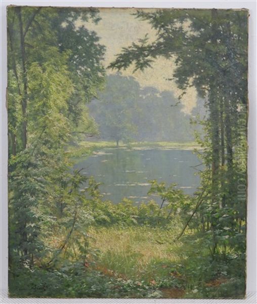 Een Meer In Boomrijk Landschap / A Summer's Day On The Lake Oil Painting by Henri Biva