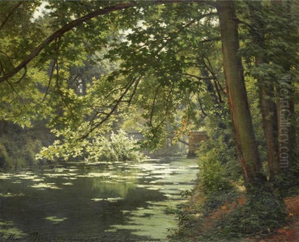 A Sunlit Woodland River Oil Painting by Henri Biva