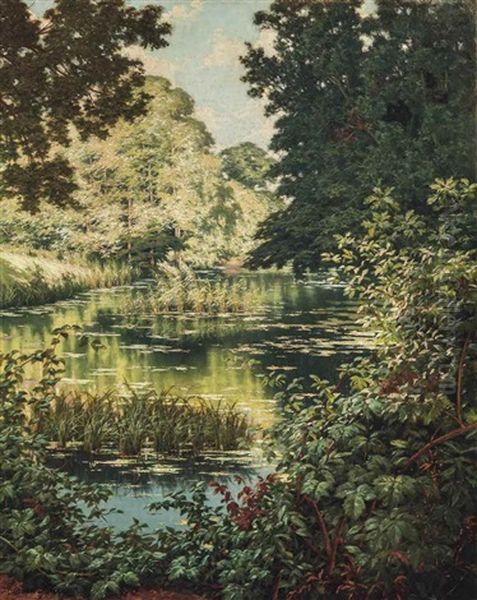 A Woodland Lake Oil Painting by Henri Biva