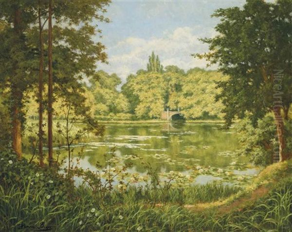 A Woodland Lake Oil Painting by Henri Biva