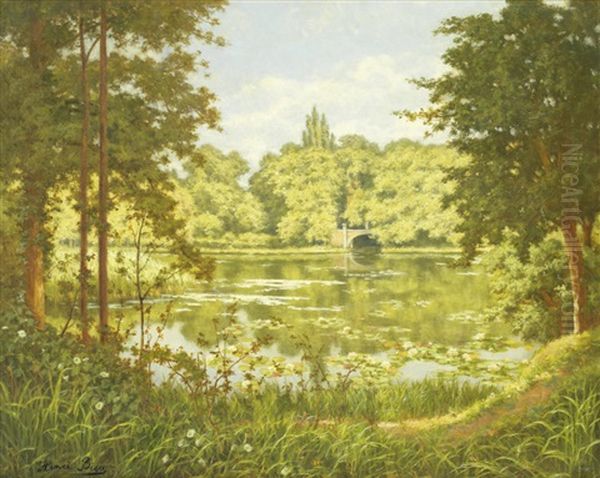 A Shady Pond Oil Painting by Henri Biva