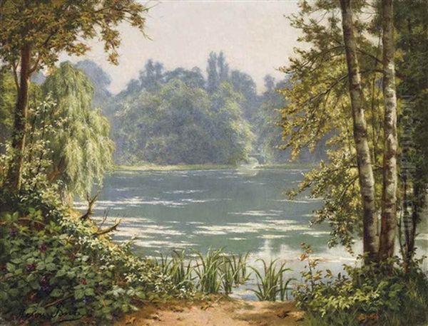 A Woodland Pond Oil Painting by Henri Biva