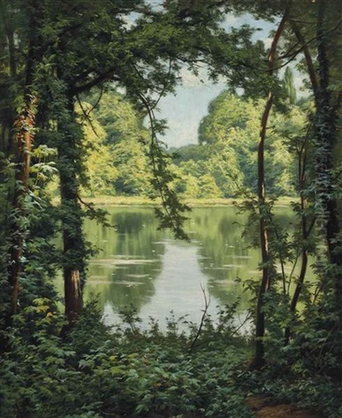 A Woodland Lake Oil Painting by Henri Biva