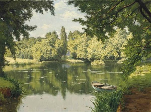 A Boat Moored On A Tranquil Lake Oil Painting by Henri Biva