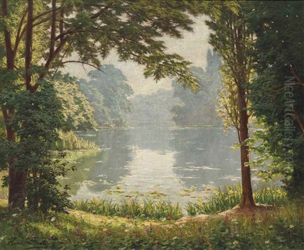 A Lake At A Forest Clearing by Henri Biva