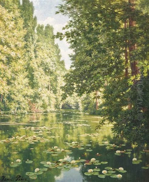 Water Lilies On The Marne At Creteil Oil Painting by Henri Biva