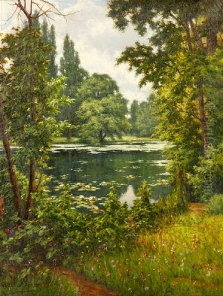 Landscape With Pond Oil Painting by Henri Biva