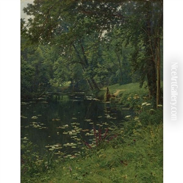 A Woodland Pond Oil Painting by Henri Biva