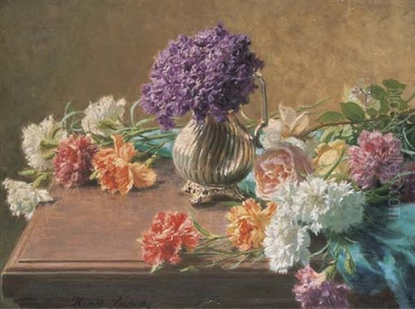 Bouquet De Violettes Avec Des Oillets Et Des Roses Poses Sur La Table Oil Painting by Henri Biva