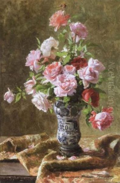 Pink Roses In Full Bloom Oil Painting by Henri Biva