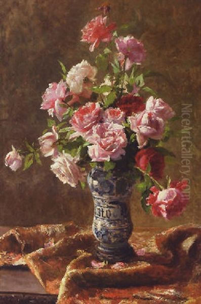 Roses In Full Bloom Oil Painting by Henri Biva