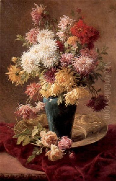 Still Life With Dahlias In A Vase And Roses On A Tabletop by Henri Biva