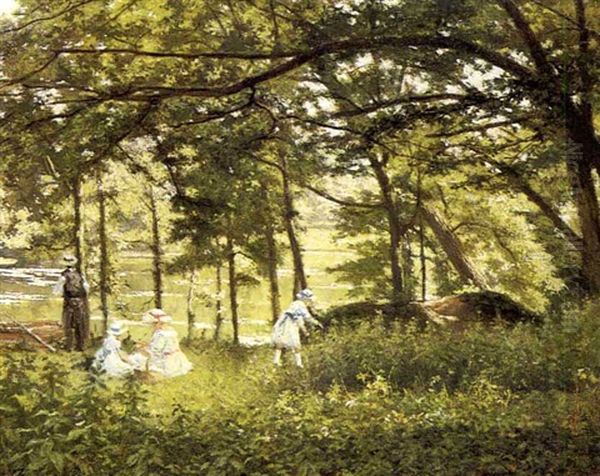 A Picnic Along The River Oil Painting by Henri Biva