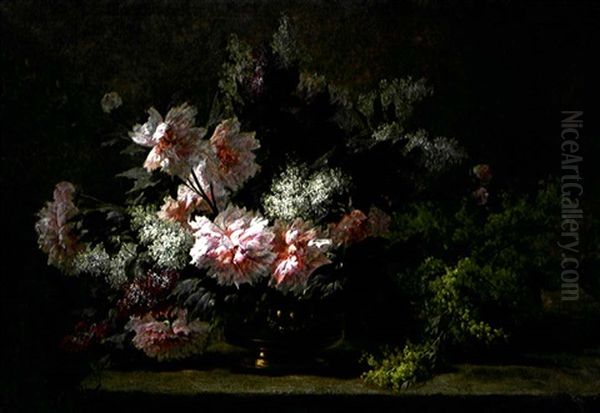 Pivoines Et Mimosa Dans Un Vase En Cuivre Oil Painting by Paul Biva