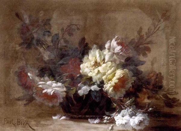 Still Life Of Roses In A Cut-glass Bowl Oil Painting by Paul Biva