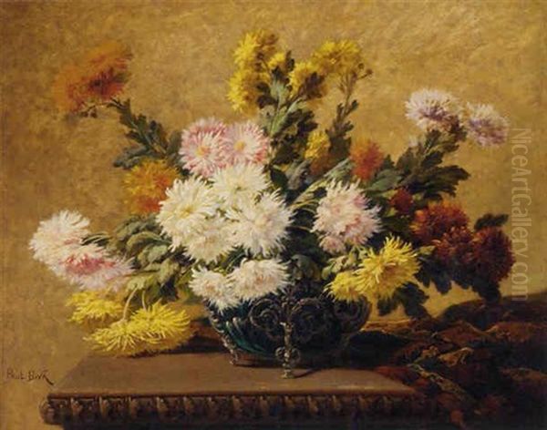 Chrysanthemums In An Ornate Vase On A Table Oil Painting by Paul Biva