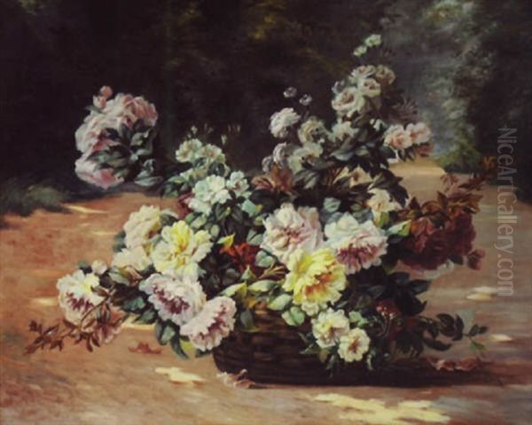 Still Life Of Peonies In A Basket Oil Painting by Paul Biva