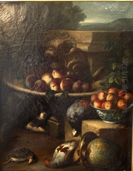 Nature Morte Aux Fruits, Gibiers, Et Chien A La Fontaine (after Desportes) Oil Painting by Ferdinand-Alexandre Bizard