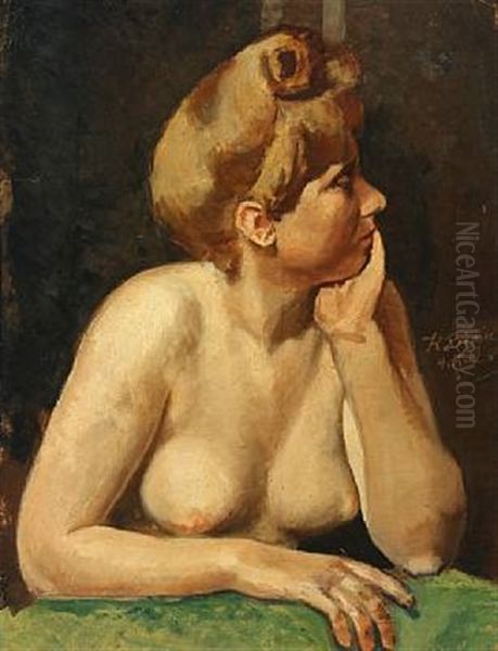 Portrait Of A Nude Woman With Piled-up Hair Oil Painting by Kristen Bjerre