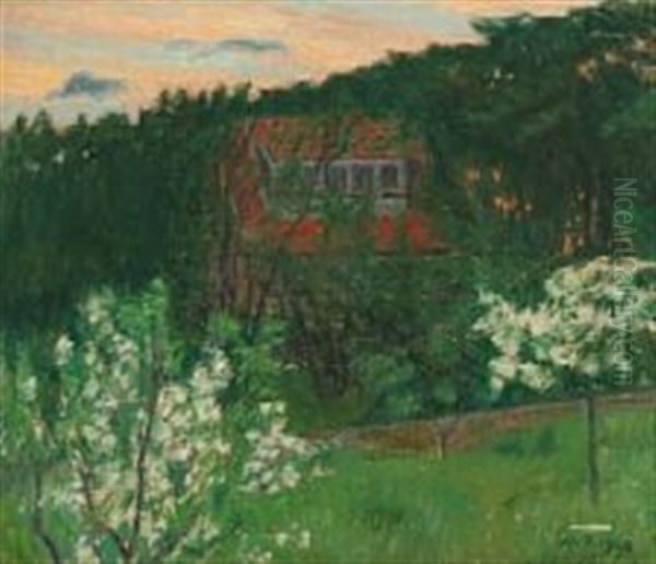 Scene With Fruit Trees In Bloom And House Oil Painting by Niels Bjerre