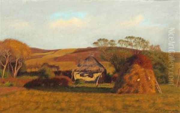 Harvest Scenery In Evening Light Oil Painting by Niels Bjerre