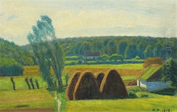 Landscape With Haystacks And House Oil Painting by Niels Bjerre