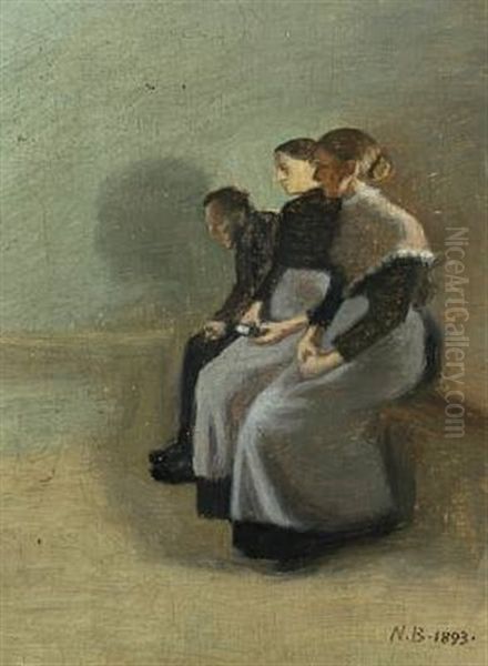 Two Women And A Man On A Bench Oil Painting by Niels Bjerre