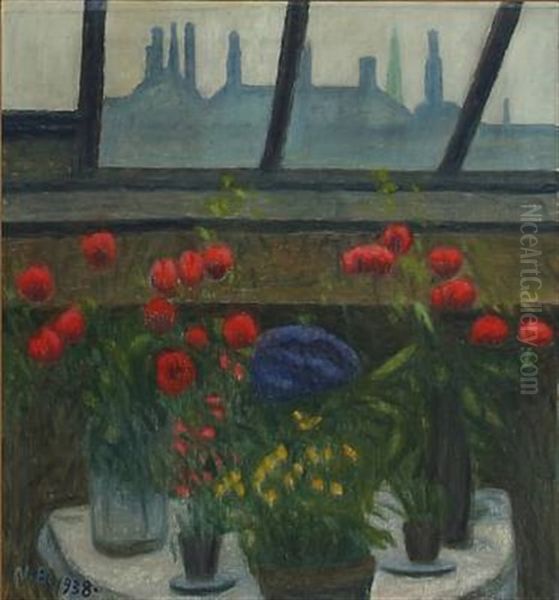 Blomsterbord Under Ataliervindue (flowers Under Studio Window) Oil Painting by Niels Bjerre