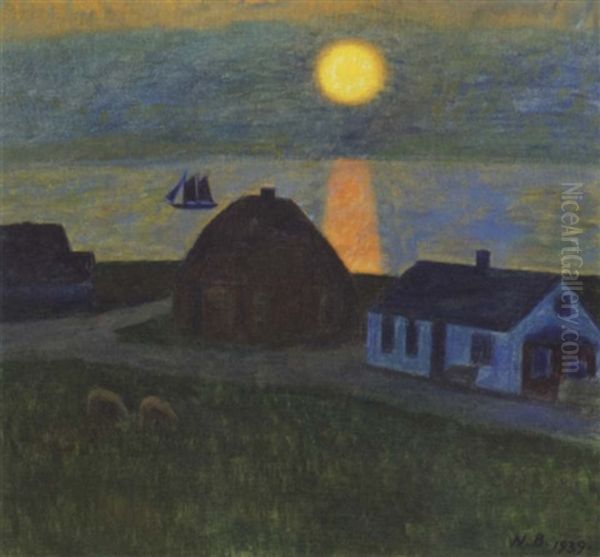 Solnedgang Over Bovbjerghuse Oil Painting by Niels Bjerre