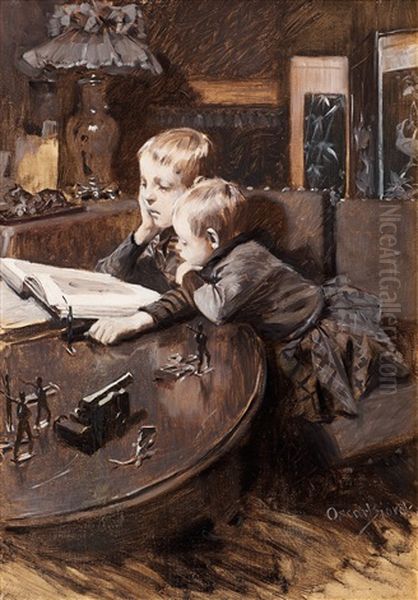 Children Reading Oil Painting by Gustaf-Oskar Bjoerk