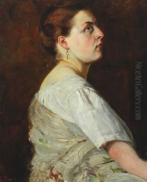 Profile Portrait Of A Young Woman Wearing A Short Sleeved White Shirt With A Gray Shawl Oil Painting by Gustaf-Oskar Bjoerk