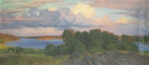 Sommarlandskap Med Insjo, Motiv Fran Hesselby Oil Painting by Gustaf-Oskar Bjoerk