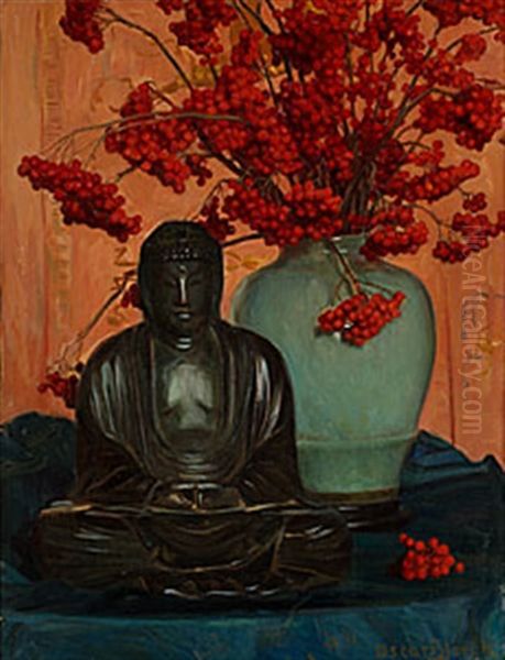 Stilleben Med En Budda Oil Painting by Gustaf-Oskar Bjoerk