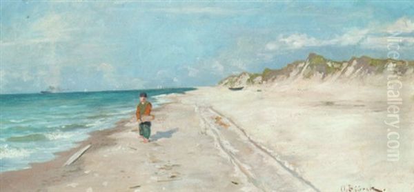 Parti Fra Skagen Med Mand, Der Samler Vragrester Oil Painting by Gustaf-Oskar Bjoerk