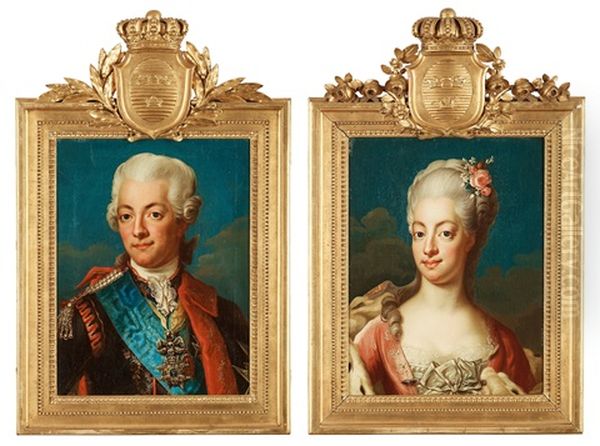 King Gustaf Iii (1746-1793) & Queen Sofia Magdalena (1746-1813) Oil Painting by Jacob Bjork