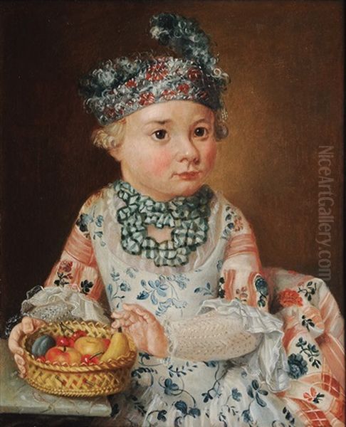 Portrait Of A Boy With A Fruit Basket Oil Painting by Jacob Bjork