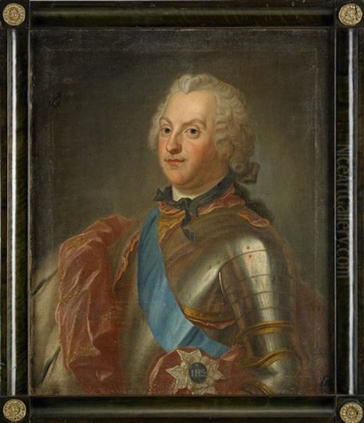 Portratt Av Kung Adolf Fredrik (1710-1771) Ikladd Rustning Behangd Med Serafimerorden Och Hans Maka Drottning Lovisa Ulrika (1720-1782) Ikladd Broderad Klanning Samt Hermelinbramad Mantel Med Kungliga Kronor (pair) Oil Painting by Jacob Bjork