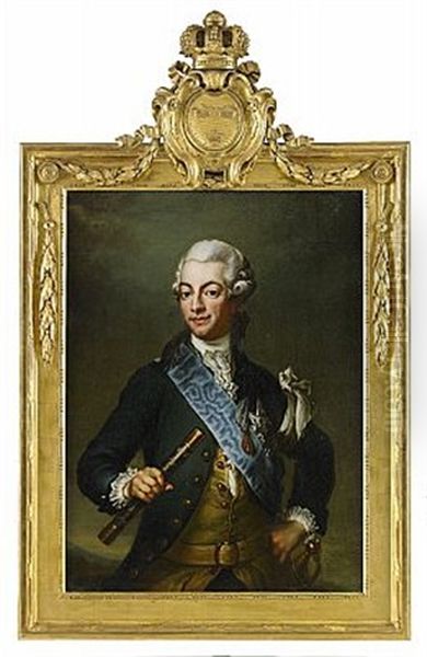 Portratt Av Kung Gustav Iii Ikladd Livgardets Blagula Uniform, Revolutionsuniformen, Med Vit Faltbindel Om Vanstra Armen, Serafimerordens Band Och Kraschan Samt Vasaorden Oil Painting by Jacob Bjork