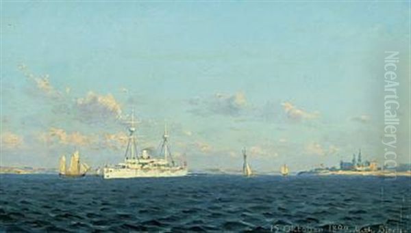 Seascape With The Cruiser Valkyrie Off The Coast Of Kronborg Castle Oil Painting by Aleth Bjorn