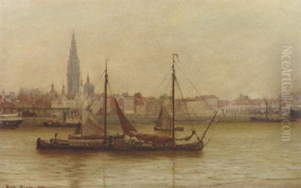 A View Of Antwerp Harbour Oil Painting by Aleth Bjorn